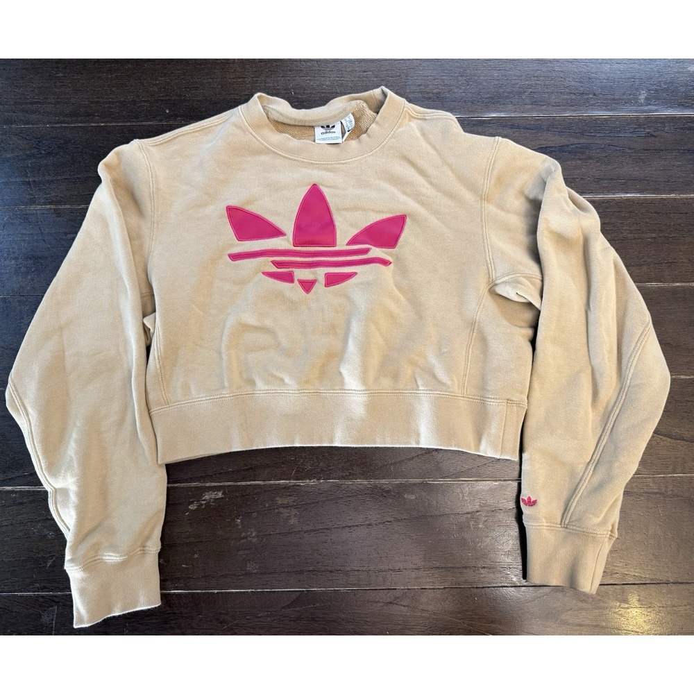 Adidas Originals Cropped Sweatshirt Women's S Beige Pink Trefoil Logo Pullover